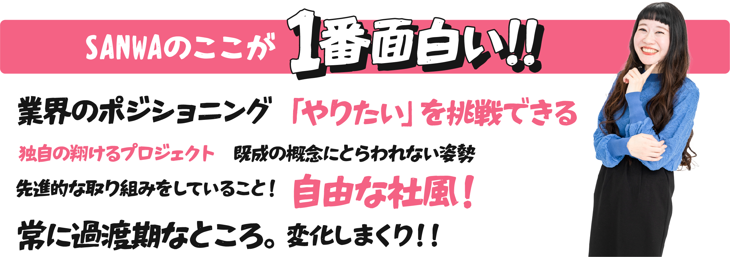 SANWAのここが1番面白い!! 業界のポジショニング 「やりたい」を挑戦できる 独自の翔けるプロジェクト 既成の概念にとらわれない姿勢 先進的な取り組みをしていること！ 自由な社風！ 常に過渡期なところ。 変化しまくり！！